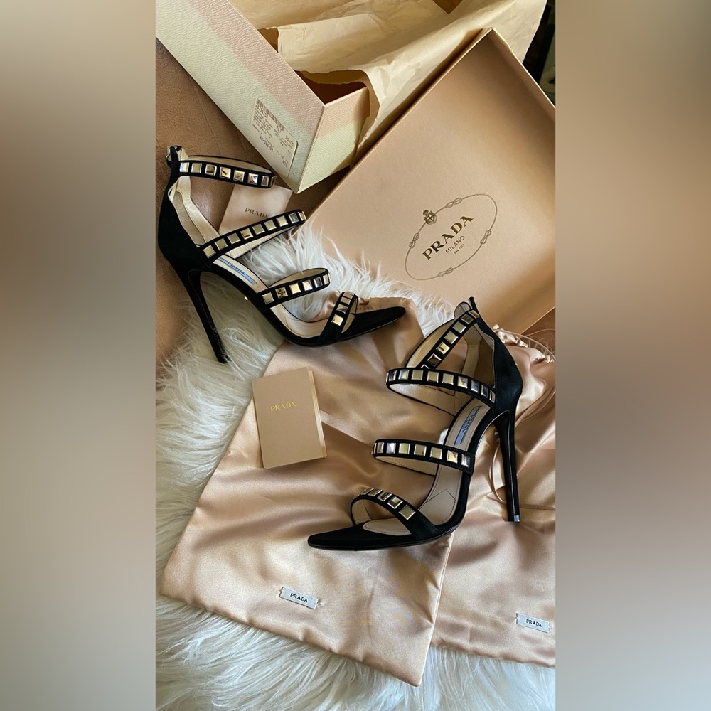 PRADA Beautiful 39.5 Triple Strap Studded Heels Worn 2X Only, Orig Box DUSTBAGS!